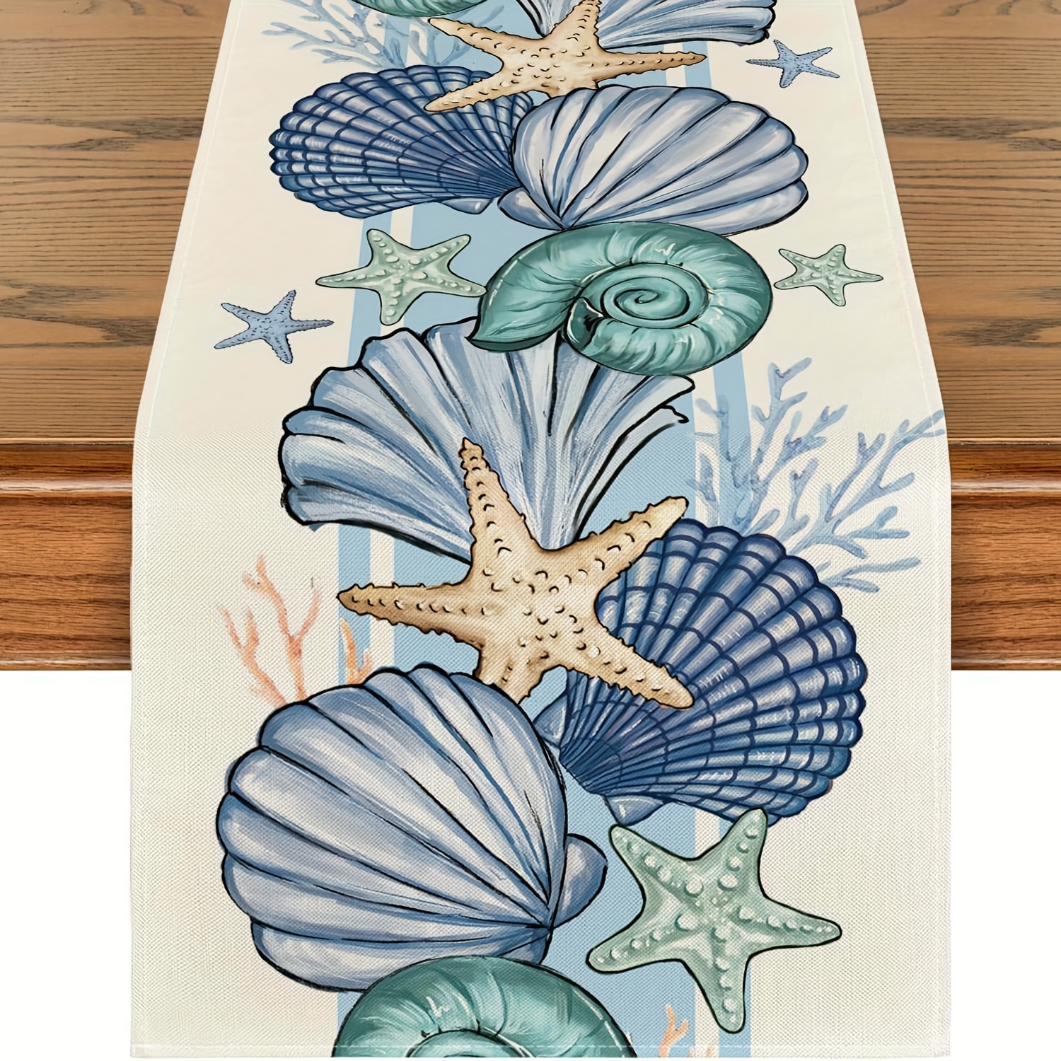 

1pc Table Runner, Sea Shell Starfish Summer Table Runner, Spring Ocean Kitchen Dining Table Decoration For Home Party Decor, 13x72 Inch, For Home Dinning Room And Restaurant, Home Supplies