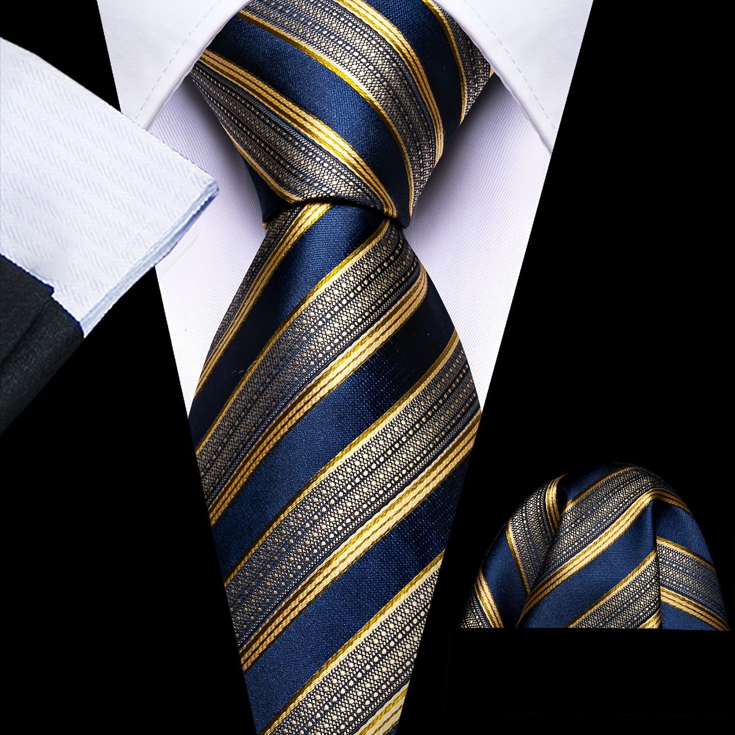 Image of Men's Blue Tie Elegant Golden Striped Necktie For Gentlemen Formal Business Wedding Party Suit Additions