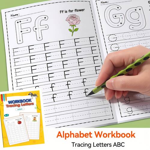 abwischbares alphabet-spurenheft für vorschulkinder, das bei der buchstabenerkennung, groß- und kleinschreibung sowie der hilft. es ist wiederverwendbares arbeitsheft, für die kontrolle der stifte, ideal für die schulsachen zum schulanfang.
