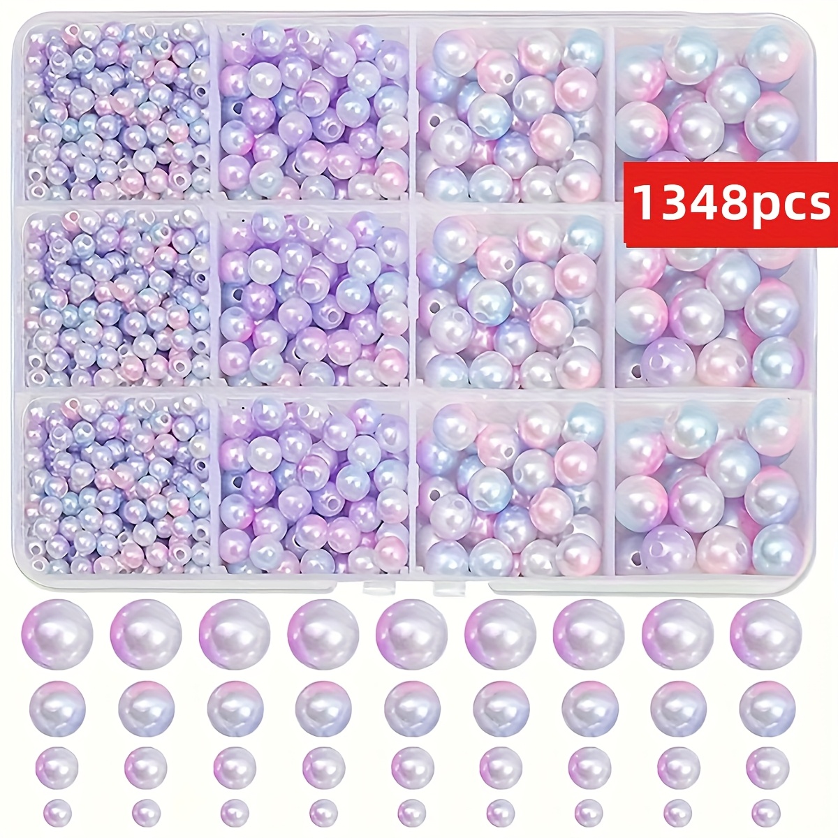 E-shop 5392/1348 Stück 4/6/8/10 mm in und Lila, organisiert in 12 Fächern für Perlenarmbänder und Halsketten. Diese runden, farbigen Perlen, geeignet