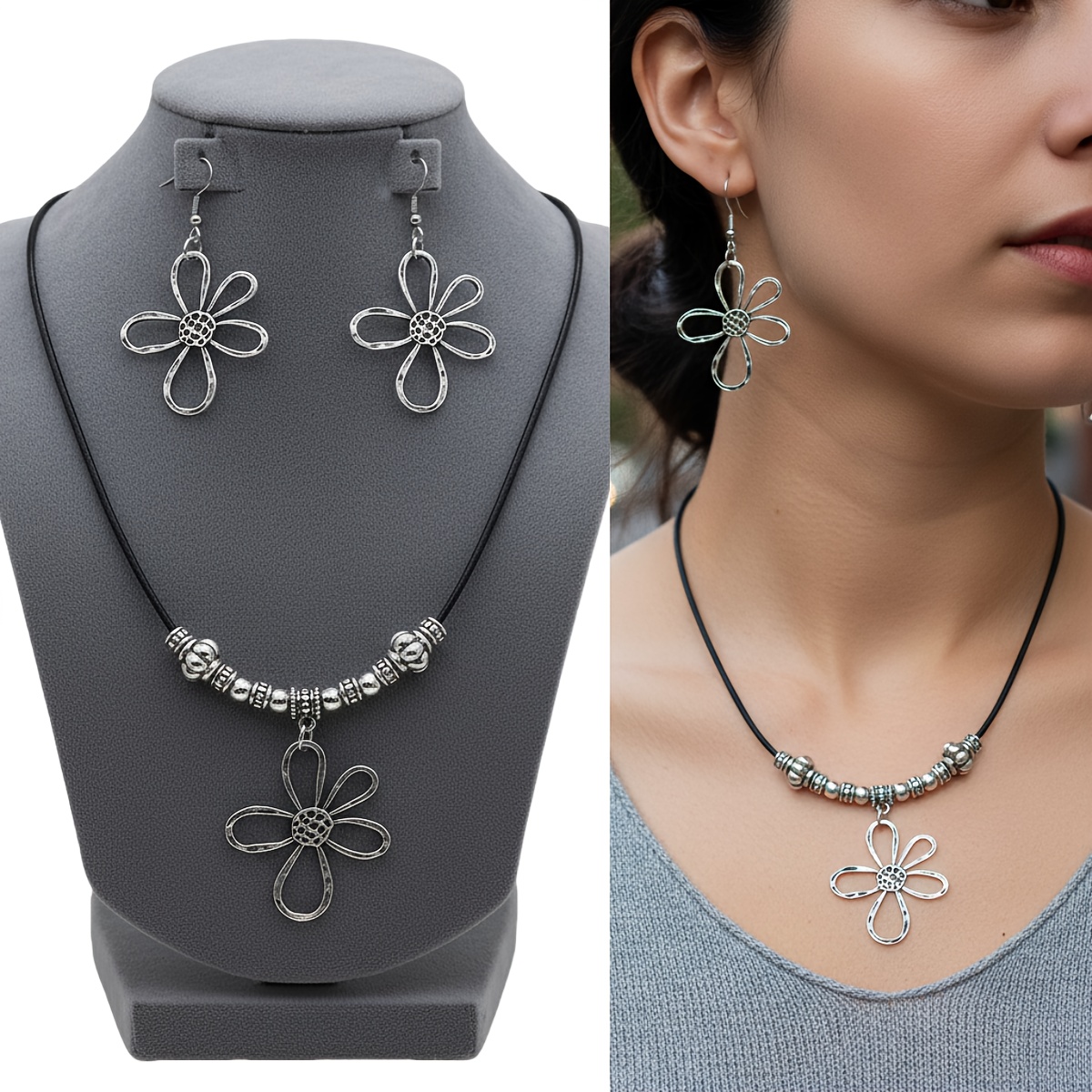 E-shop 3-teiliges/1 Set Modischer Vintage Damenschmuck-Set mit Ohrringen Halskette, Bohemian-Stil Damenschmuck-Accessoires, Antik Silberfarbene