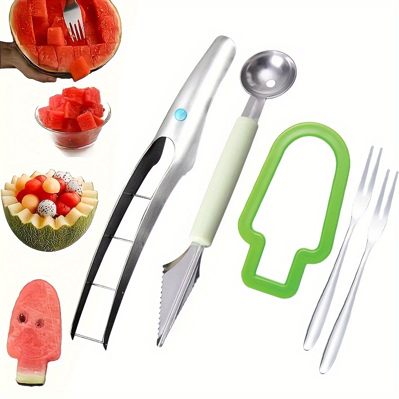 

5pcs Stainless Steel Watermelon Slicing Set - Includes Popsicle Cutter, Ball Shovel & Fruit Forks - Rust-proof Kitchen Gadgets For Easy Prep & Camping