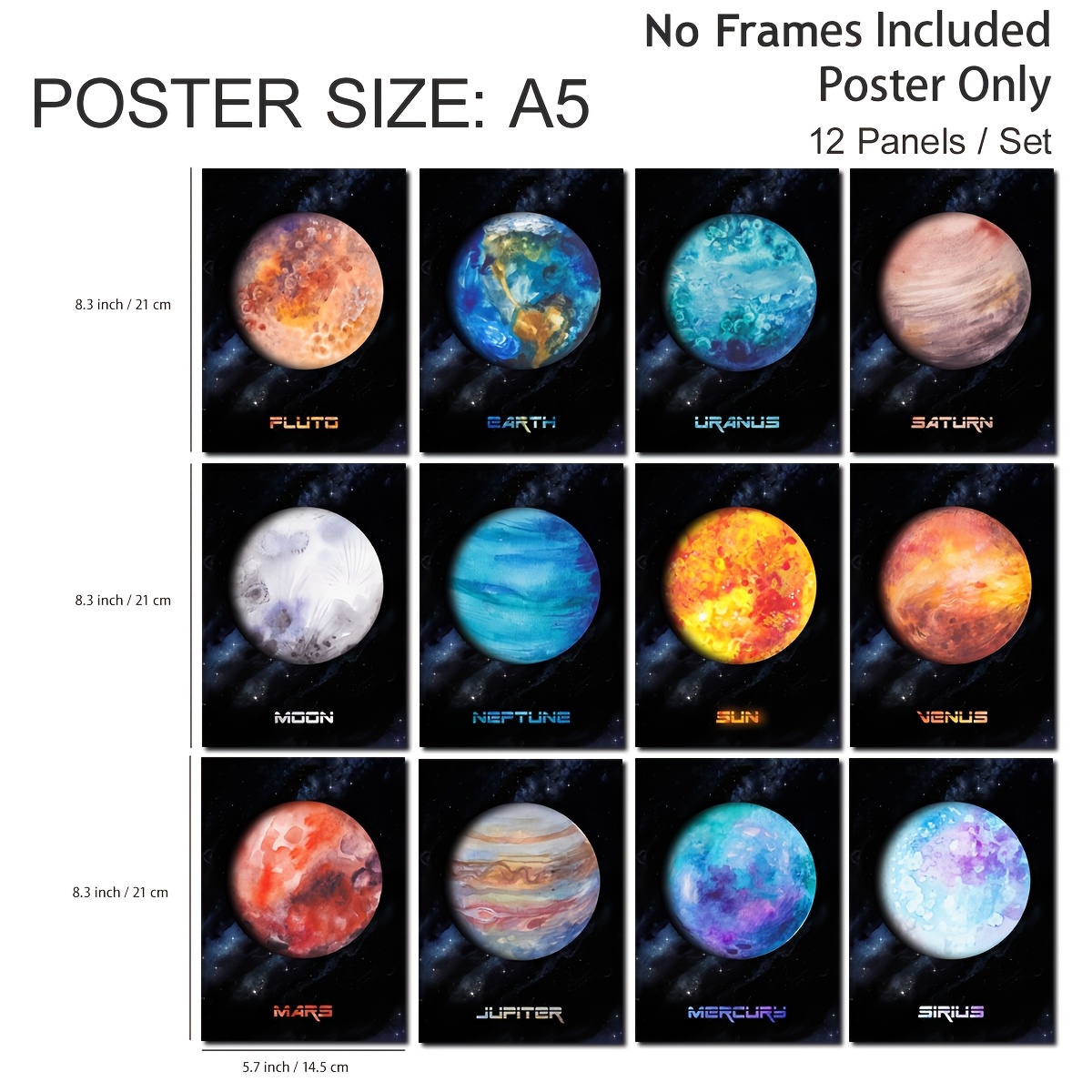 TEMU 12pcs Solar System Wall Poster Set, Watercolor Space Themed Art Prints, Plastic, Modern Decorative Unframed Planet Paintings For Living Room Bedroom - A3 A4 A5