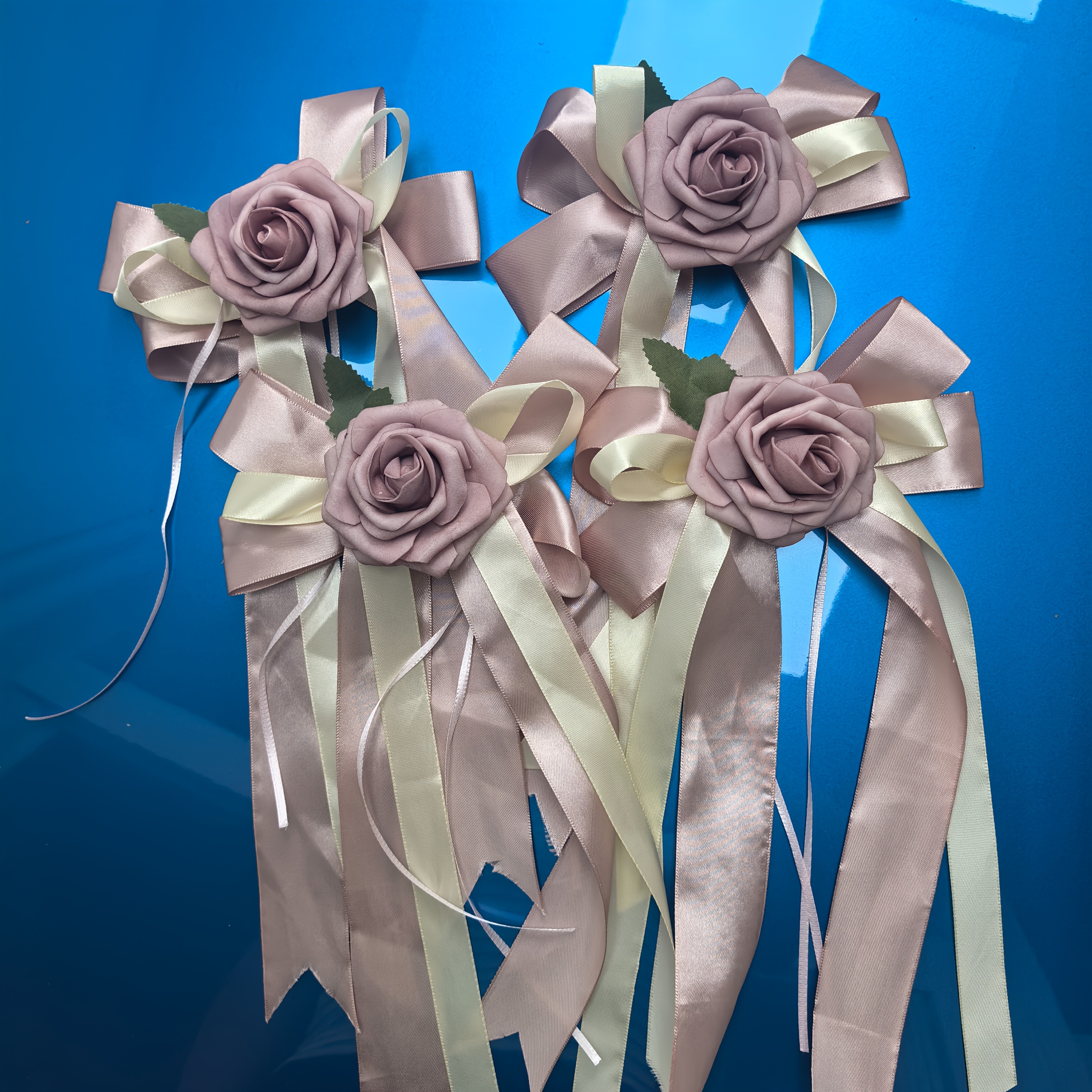 4pcs Artificial Rose Flowers with Green Leaves for Wedding Decor