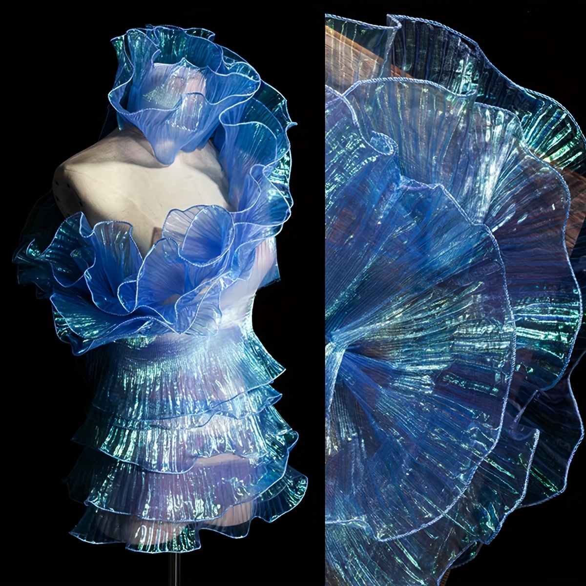TEMU Tissu en d' et chiffon à bordure de dentelle à volants de 5 yards avec plis élégants et dentelle à bord à motif de de neige pour robes de femme,