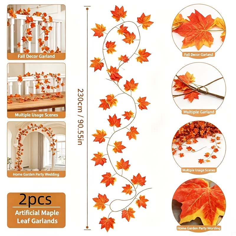 TEMU 2pcs Artificial Maple Leaf Garland With Rattan Vine - Realistic Suitable For Thanksgiving, Christmas, Halloween Decorations, Gradient Red Orange