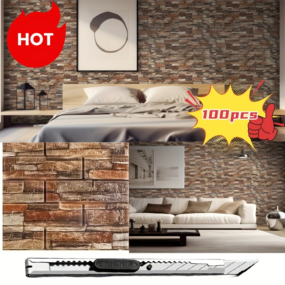 

100pcs Diy 3d Wall Sticker Wallpaper Wall Panel With Knife Foam Soft Brick Self Adhesive Waterproof Mould Proof Room Home Living Room Bahtroom Kitchen Bedding Room Decoration