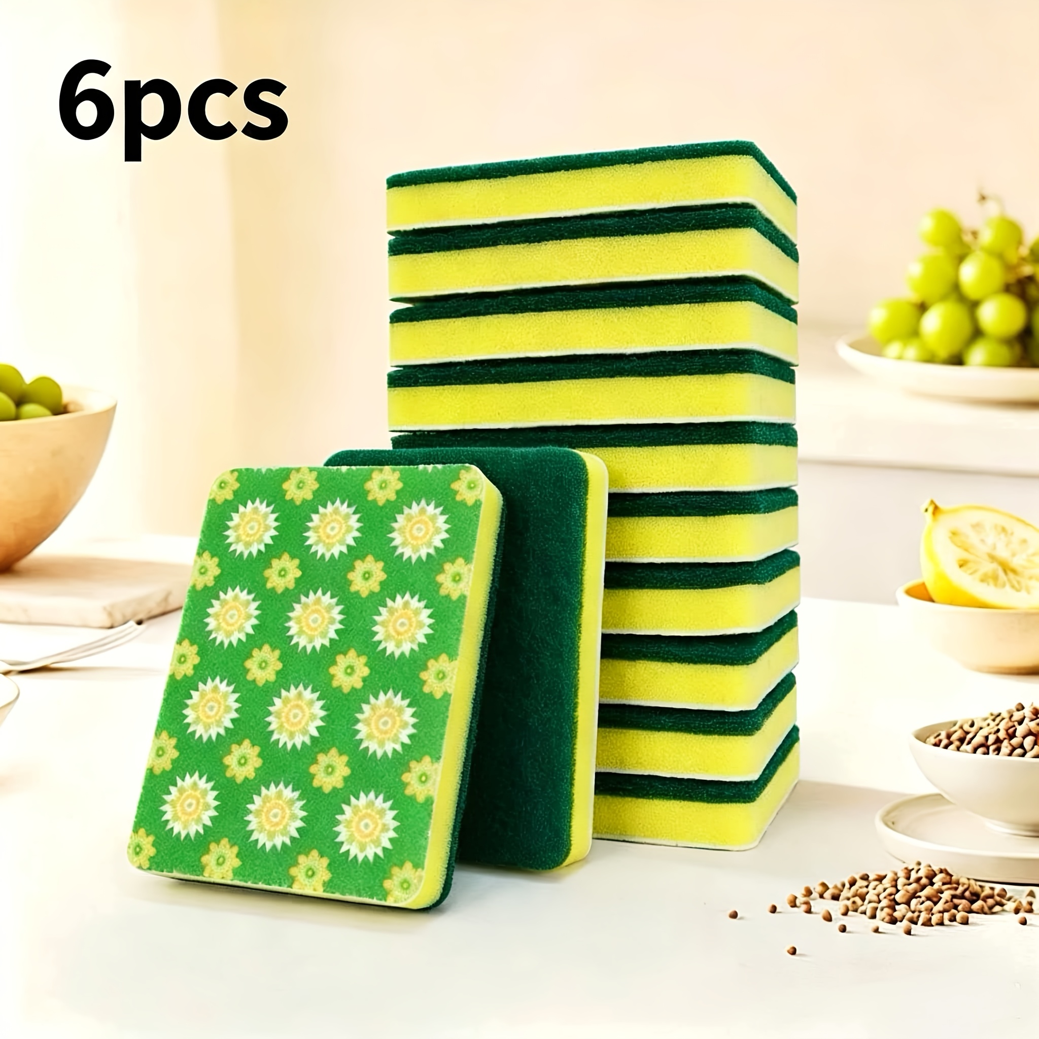 TEMU 6pcs Three-layer Cleaning Sponge Scrubber, Emery Cloth With 1 Thickened Side And 1 Printed Cleaning Cloth, Effortless Stain Removal, Absorption,