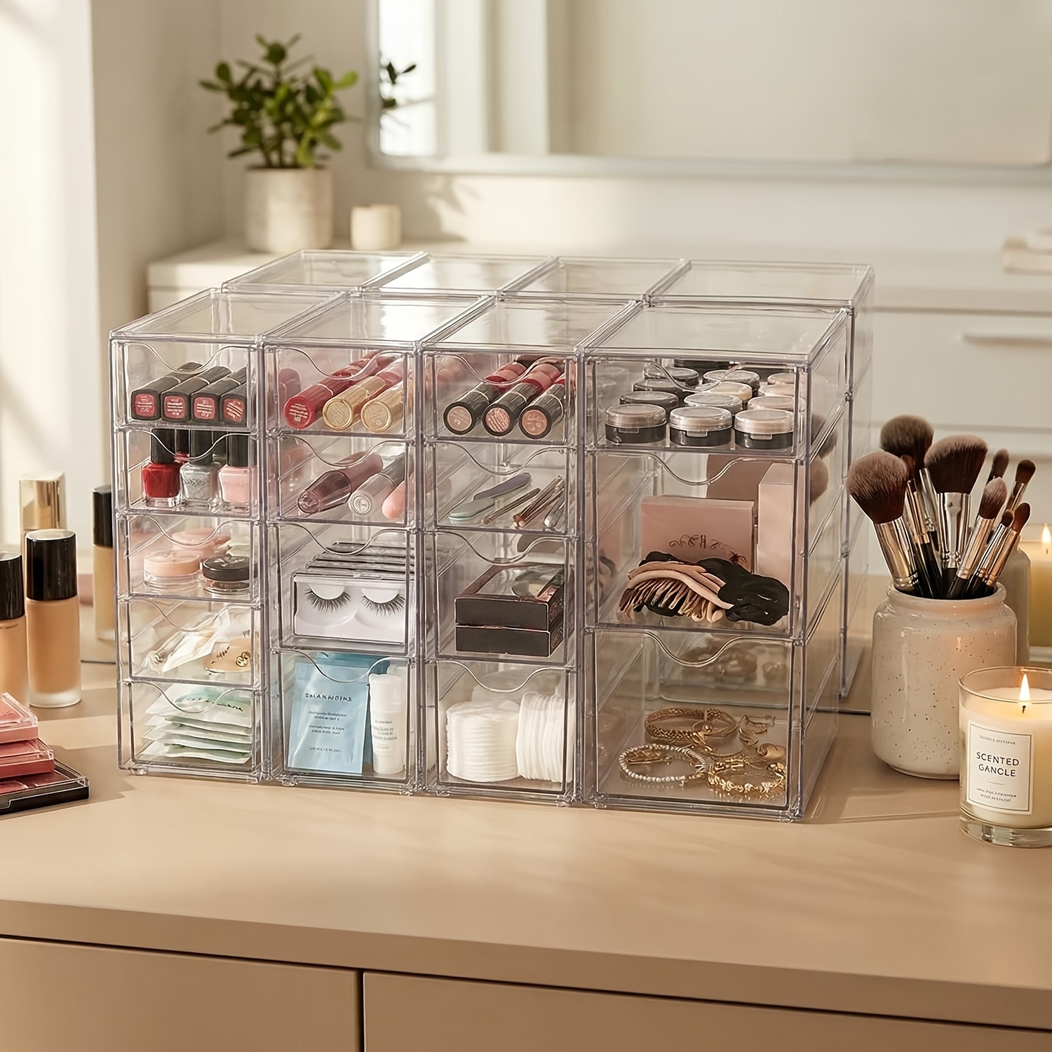 TEMU Organisateur en acrylique avec 8 tiroirs/16 tiroirs, organisation de maquillage transparente, organisateurs de bureau et accessoires, tiroirs de