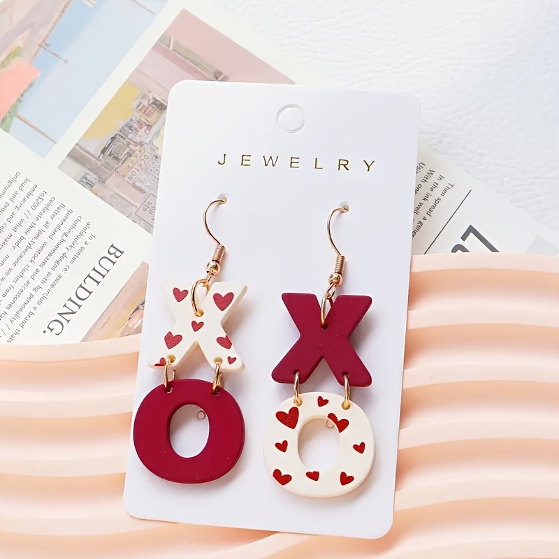 

Love Print Xo Red Acrylic Dangle Earrings With Perfect Valentine's Day Gift, Stainless Steel Posts,, Valentine's Day Gift For Her