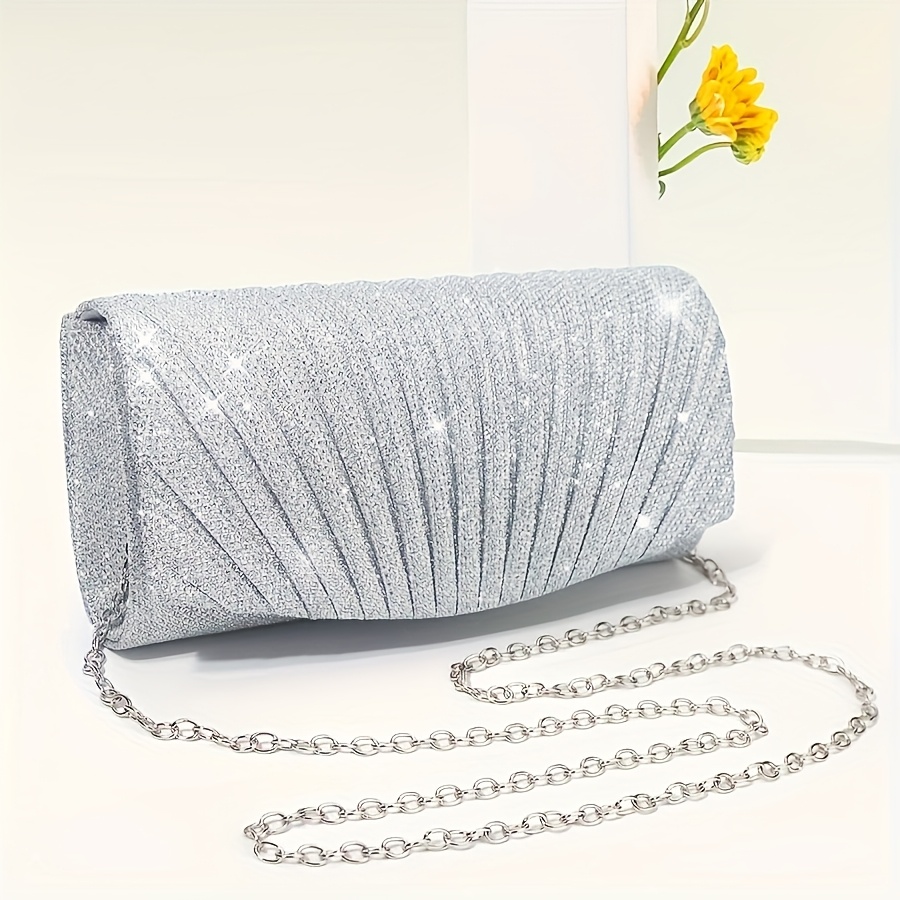 

Elegant Glitter Pleated Evening Clutch - Fashionable Banquet Dress Handbag With Removable Strap, Polyester Lining, Closure For Parties And Weddings