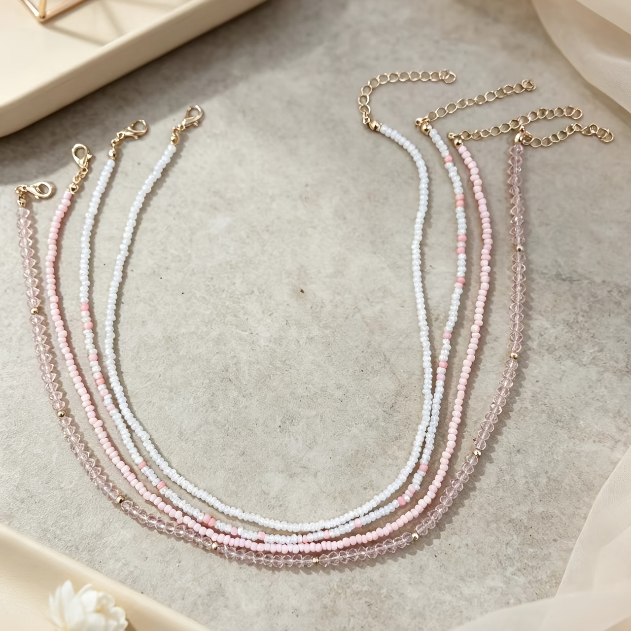 TEMU 4pcs Set Of Pink Bead Necklaces, Stackable Atmosphere Full, Suitable For Daily And Date Outfits