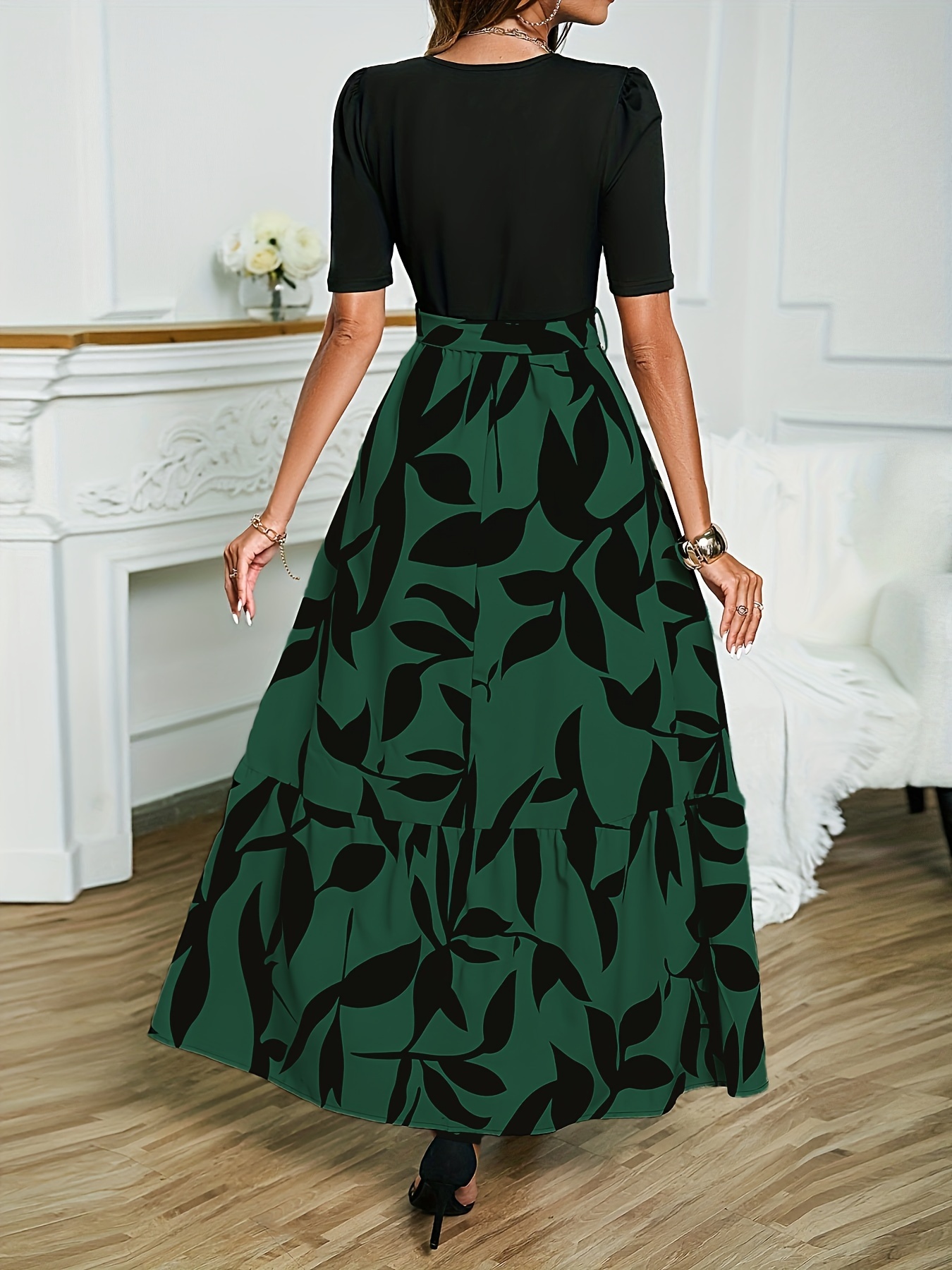 elegant color block maxi dress women round neck short sleeve - Temu  Mauritius