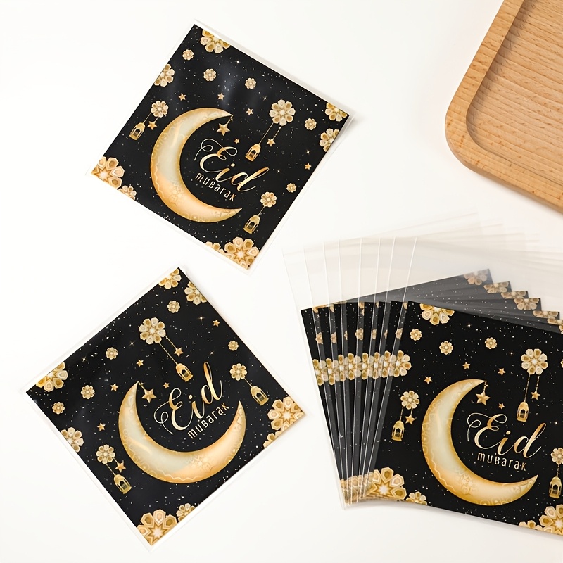 

50/100pcs Eid Candy Bags, Moon Lantern Design, Black Golden Plastic Gift Bags, 14x17cm, For Party Supplies, Ramadan Kareem Decorations, Eid Al-fitr Celebrations