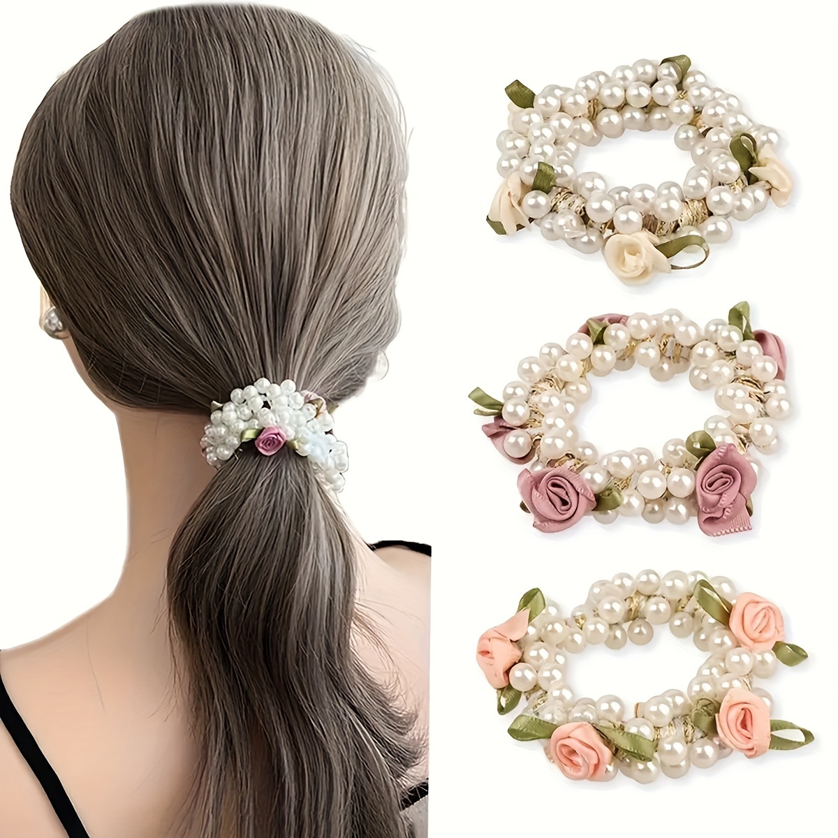 

3pcs Elegant Floral Pearl Hair Ties Set, Cute Plastic Hair Rings With Flower Accents, Sweet & Simple Ladylike Charm, Korean Style Hair Elastics For Women And Teens - Assorted Hair Accessories Set