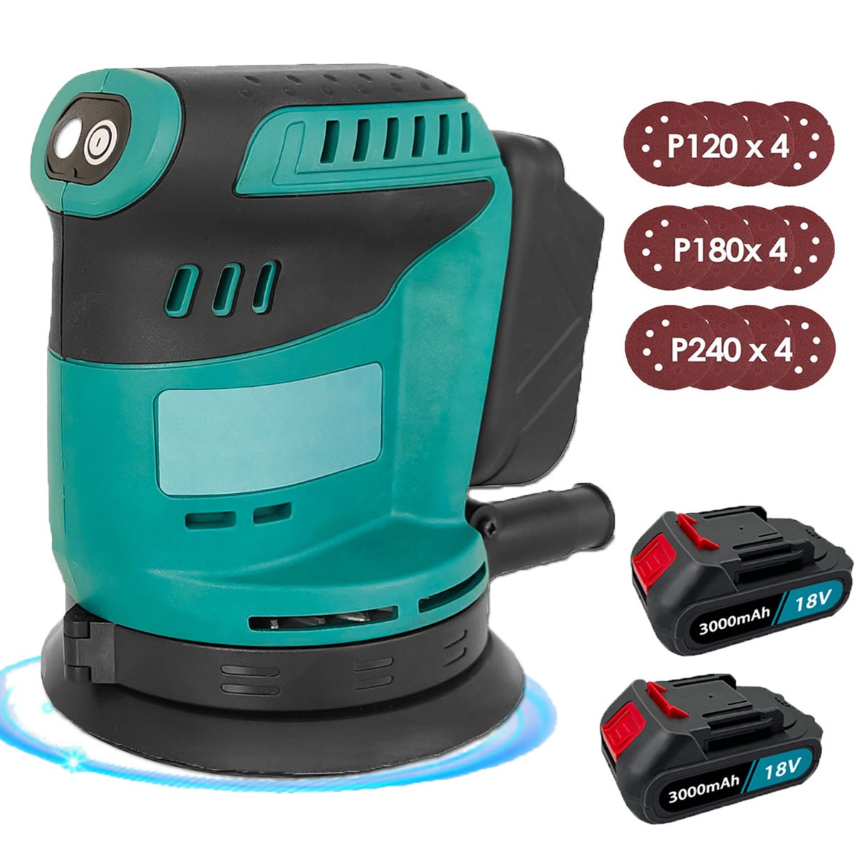 Image of 300w Cordless Random Orbital Sander Car Wood Polisher 125mm, , With Dust Bag And 12 Sandpapers +2x 3000mah Batteries, For Makita Battery, For Grinding Waxing Polishing Wood Metal