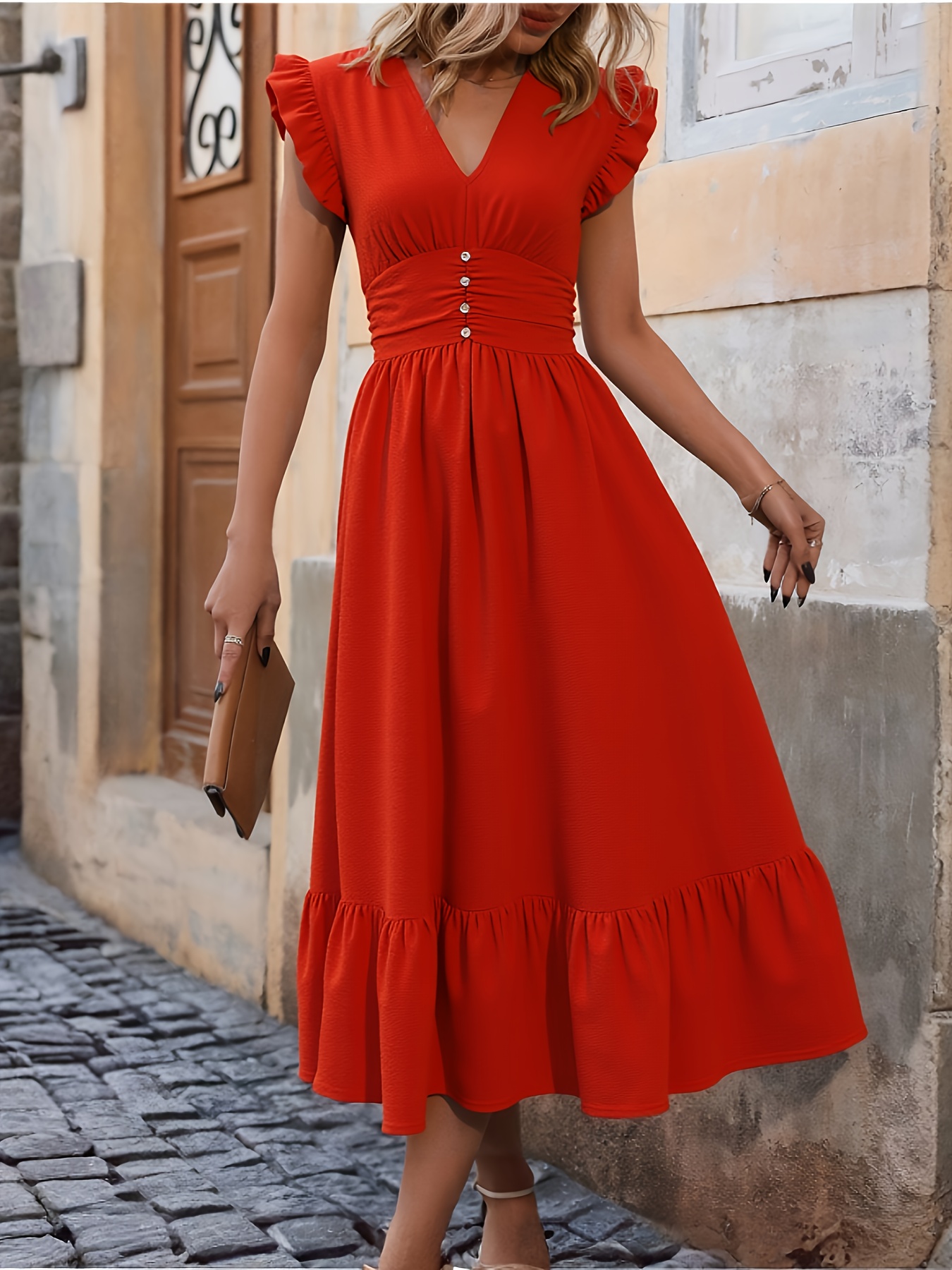 Women's Elegant Red V-Neck Ruffle Sleeve High Waist Maxi Dress - A-Line  Button Front Summer Dress with Puff Sleeves, Machine Washable