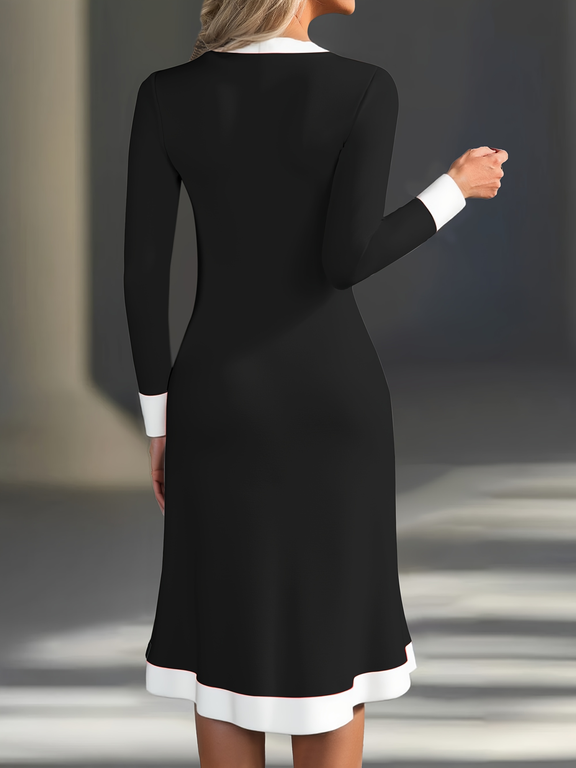 elegante wit zwart v hals midi jurk met kraag borstzak Temu