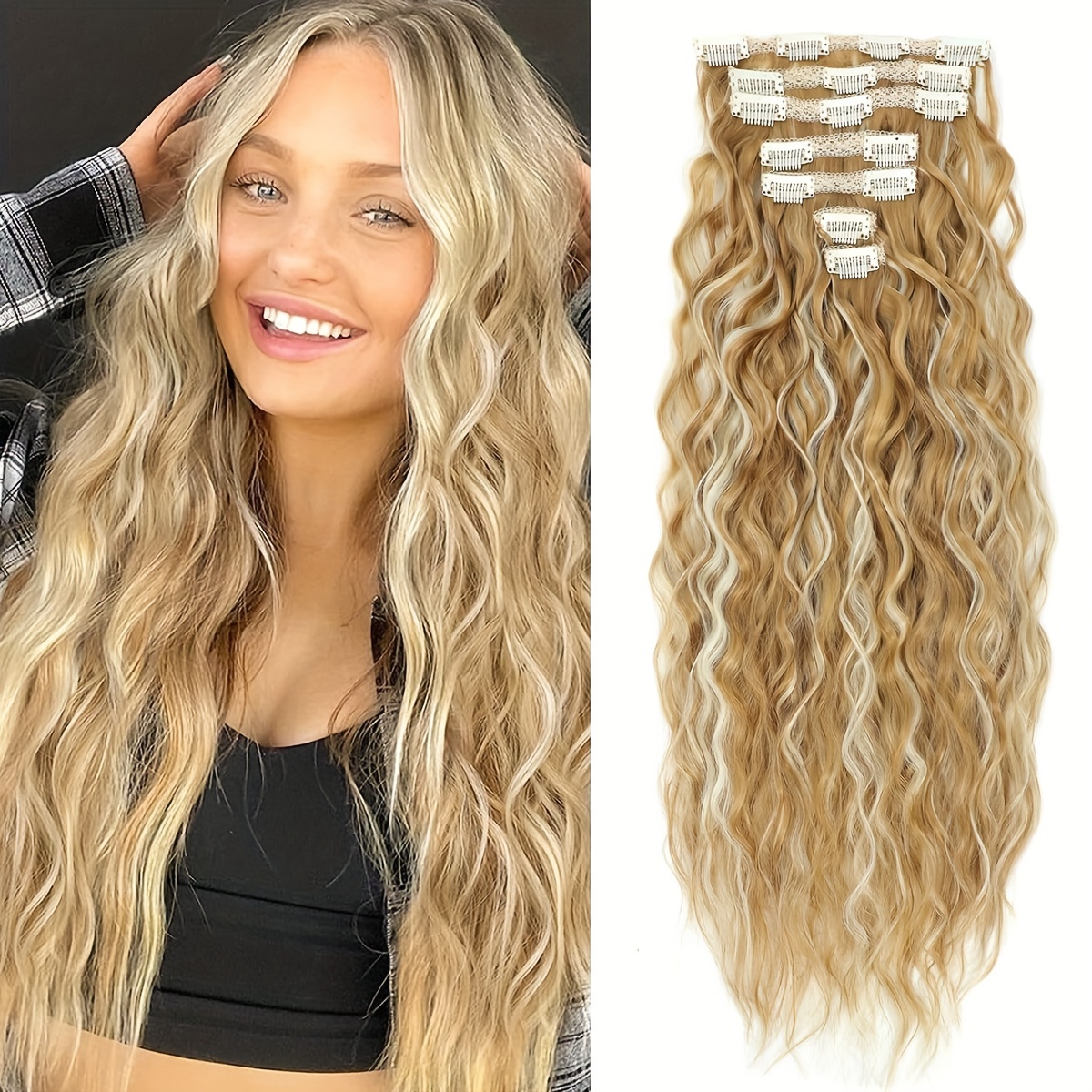 

Clip-in Hair Extensions For Women: 20 Inch 7pcs/set Curly Wave Synthetic Hairpieces, Double Weft, Honey Blond Mix, Platinum Blond Color