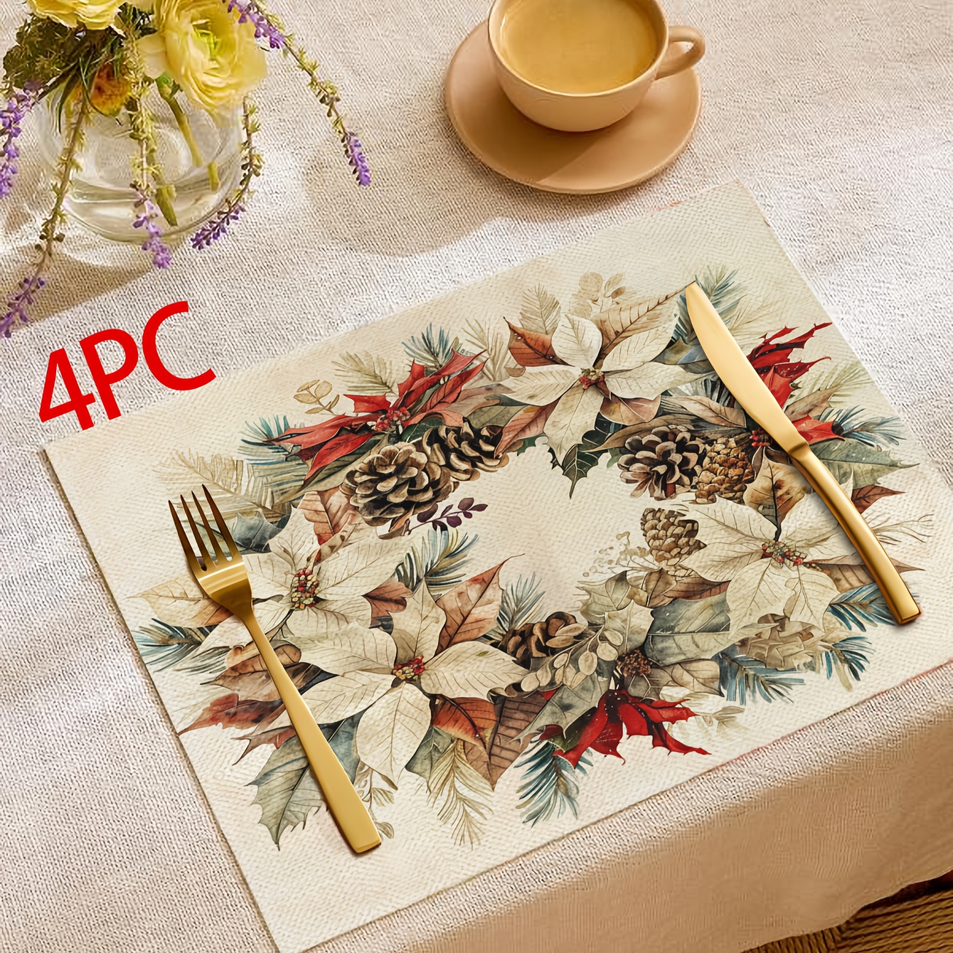 

4- Christmas Placemats, 12x18 , Polyester Table Wreath , Dining For Decor