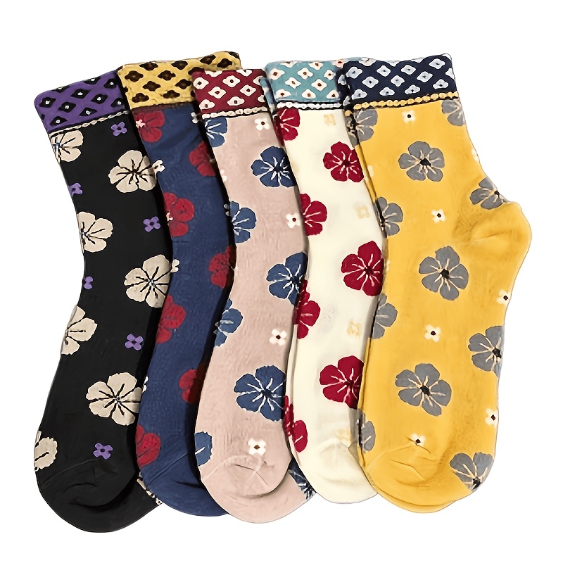 TEMU Chaussettes confortables pour femme, style vintage à motif floral color-block, printemps/automne, couleurs mélangées - Lot de 5 paires