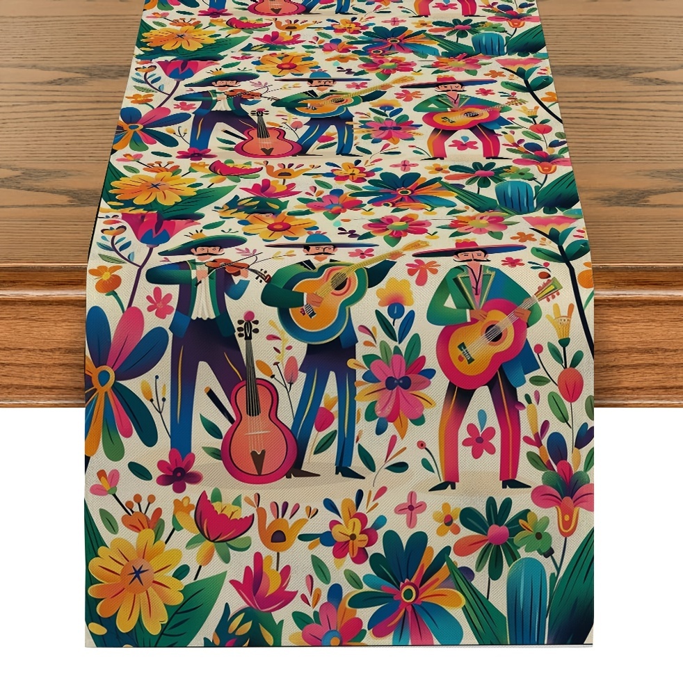 TEMU Celebration Table Runner - Vibrant Mexican With Floral & Band Print, Polyester, Rectangular - De Decor