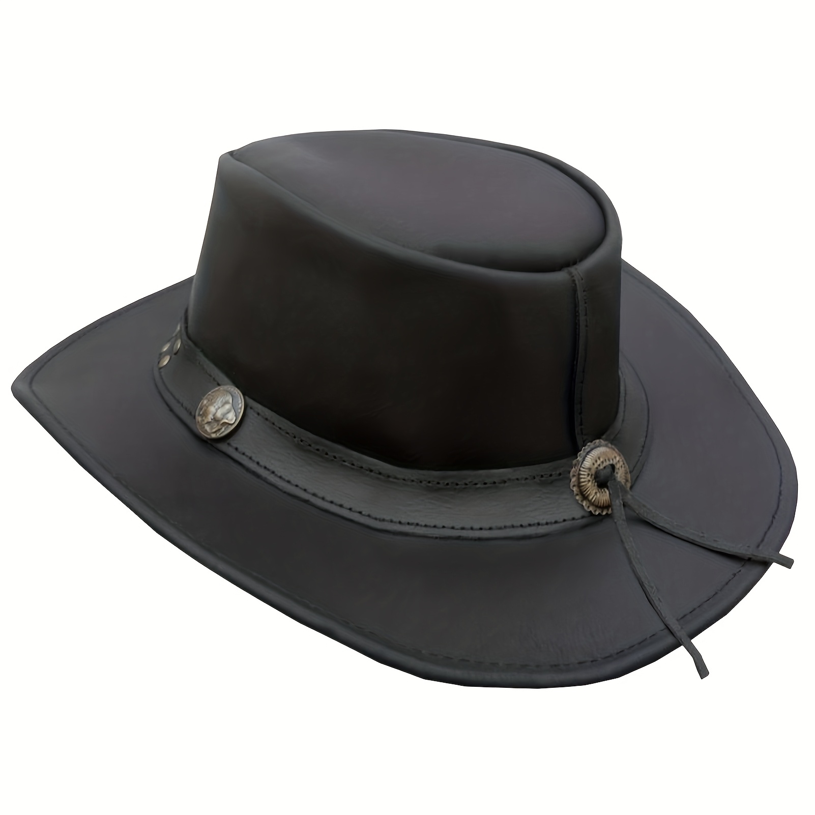 TEMU [genuine Leather Cowboy Hat] Genuine Top-grain Leather Cowboy Hat - Vintage Western Australian Style For Men And Women | Wide Brim,, Adjustable