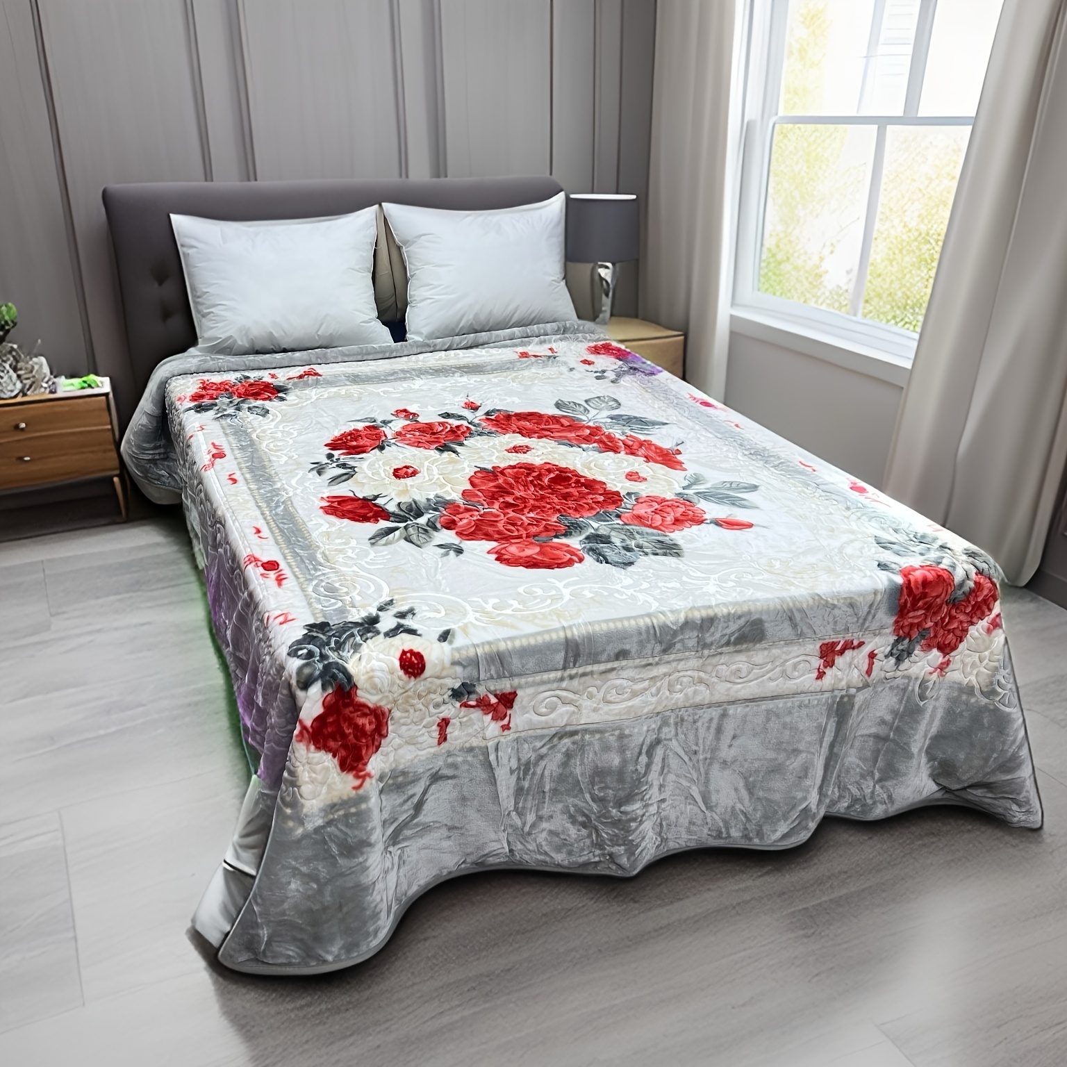   queen size floral embossed   blanket super soft plush   bedspread 83x94 inch red white flower print with   back machine washable no fade shrink 5lbs blanket for bed home decor     bedding decorative cover stylish bedrooms details 8
