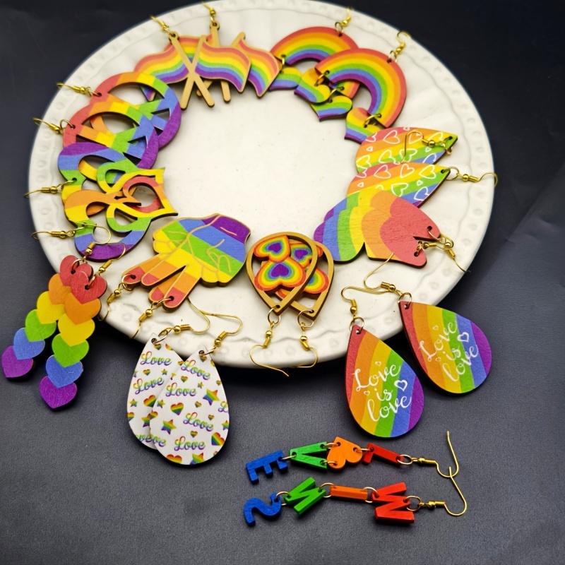 6/12 Pairs Rainbow Theme Wooden Earrings Set, Bright Designs