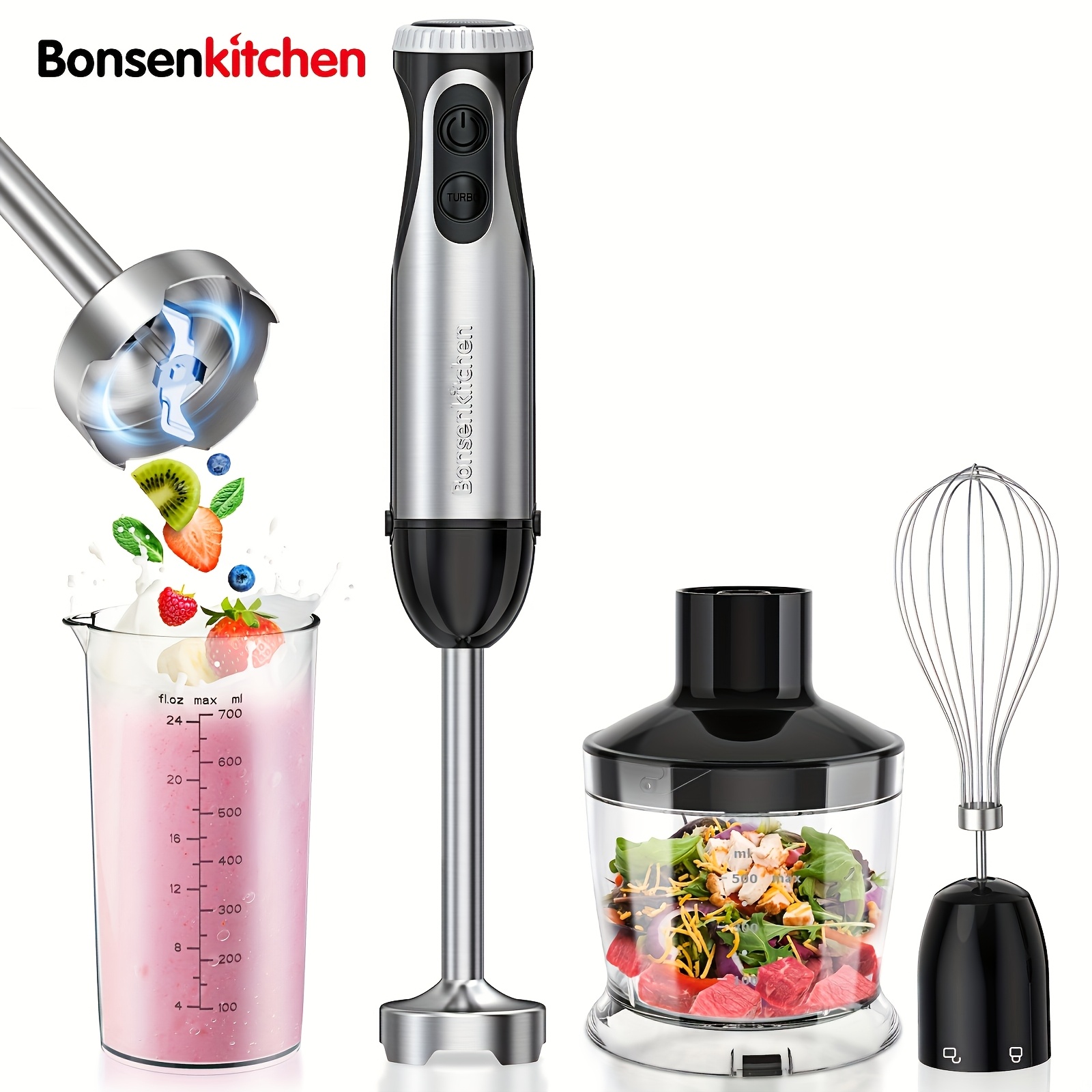 

Blender Handheld, 20-speed And Turbo Hand Blender, With Egg Whisk & 24oz Beaker, Electric Hand Blender For Smoothies, Puree Baby Food & Soup, Stainless Steel Blades, Black