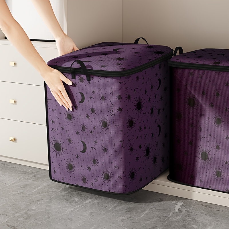 Image of Large Capacity Starry Clothes Storage Box, Moon And Stars Pattern Print Organizer Bag, Foldable Large Capacity Storage Bag For Blankets, Quilts, And Clothing, Durable Zipper