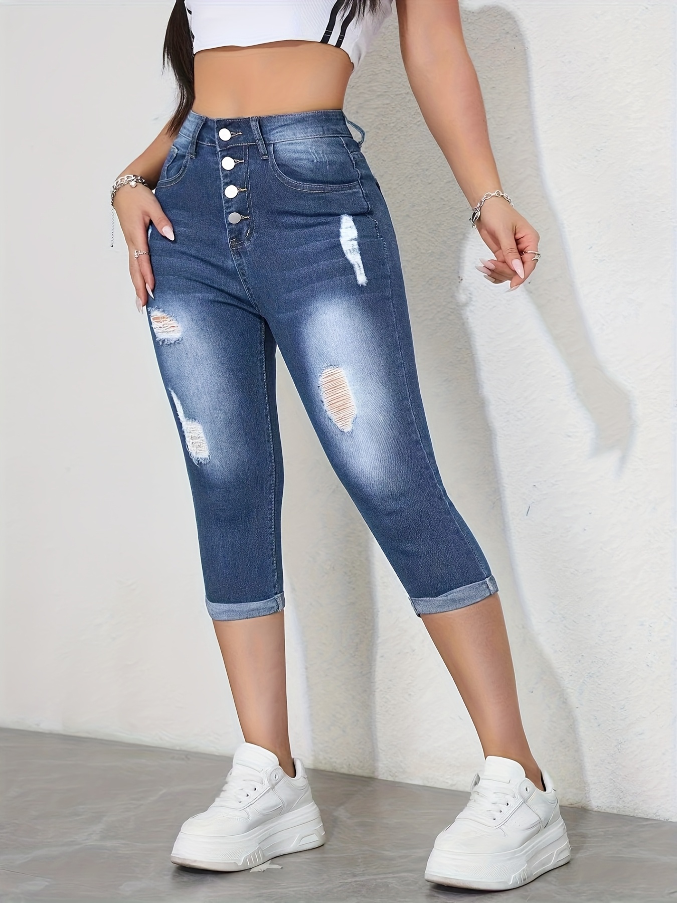 Skinny Jeans Outfit White Distressed Capri Jeans Women's High