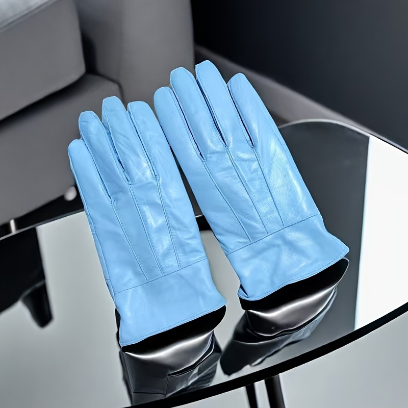 

1 Pair Of Elegant Light Blue Genuine Leather Gloves For Women - Cute, Thin Design With Lined Fingers, Non-slip Grip, Casual , Warm & Stylish Accessory, Gloves | Elegant Accessory | Gloves