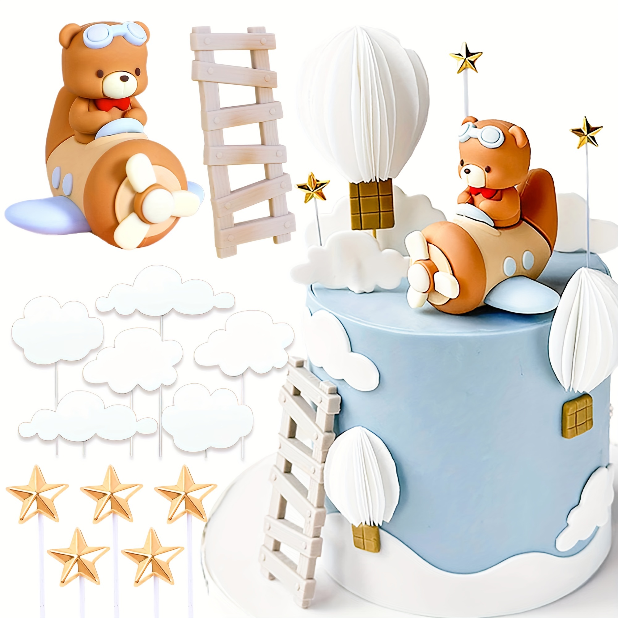 

Laventy 13pcs Brown Airplane Bear Cake Topper Set - Birthdays & Parties, Resin Material