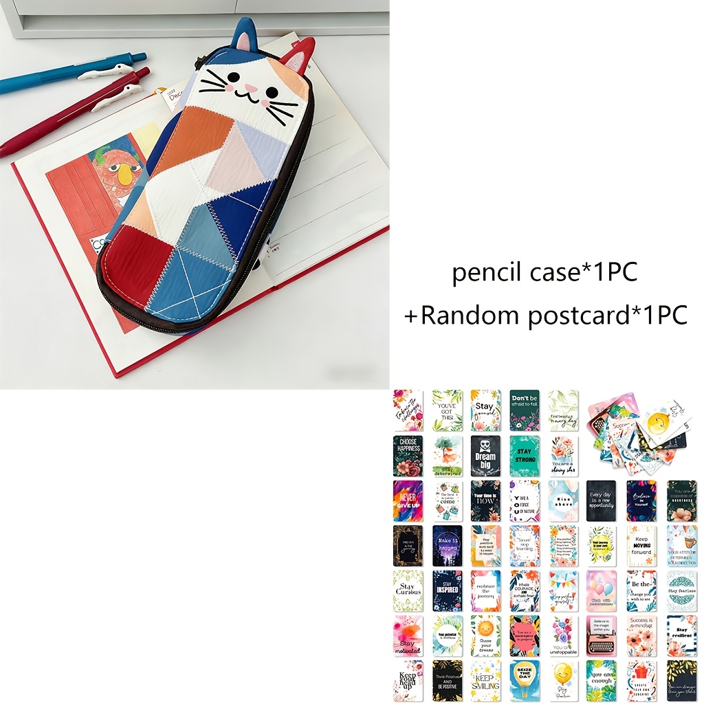 TEMU Katzenförmiges Patchwork-Federmäppchen mit zufälliger Postkarte, 3D-Katzensilhouette-Design, tragbarer und ästhetischer Schreibwaren-Organizer,