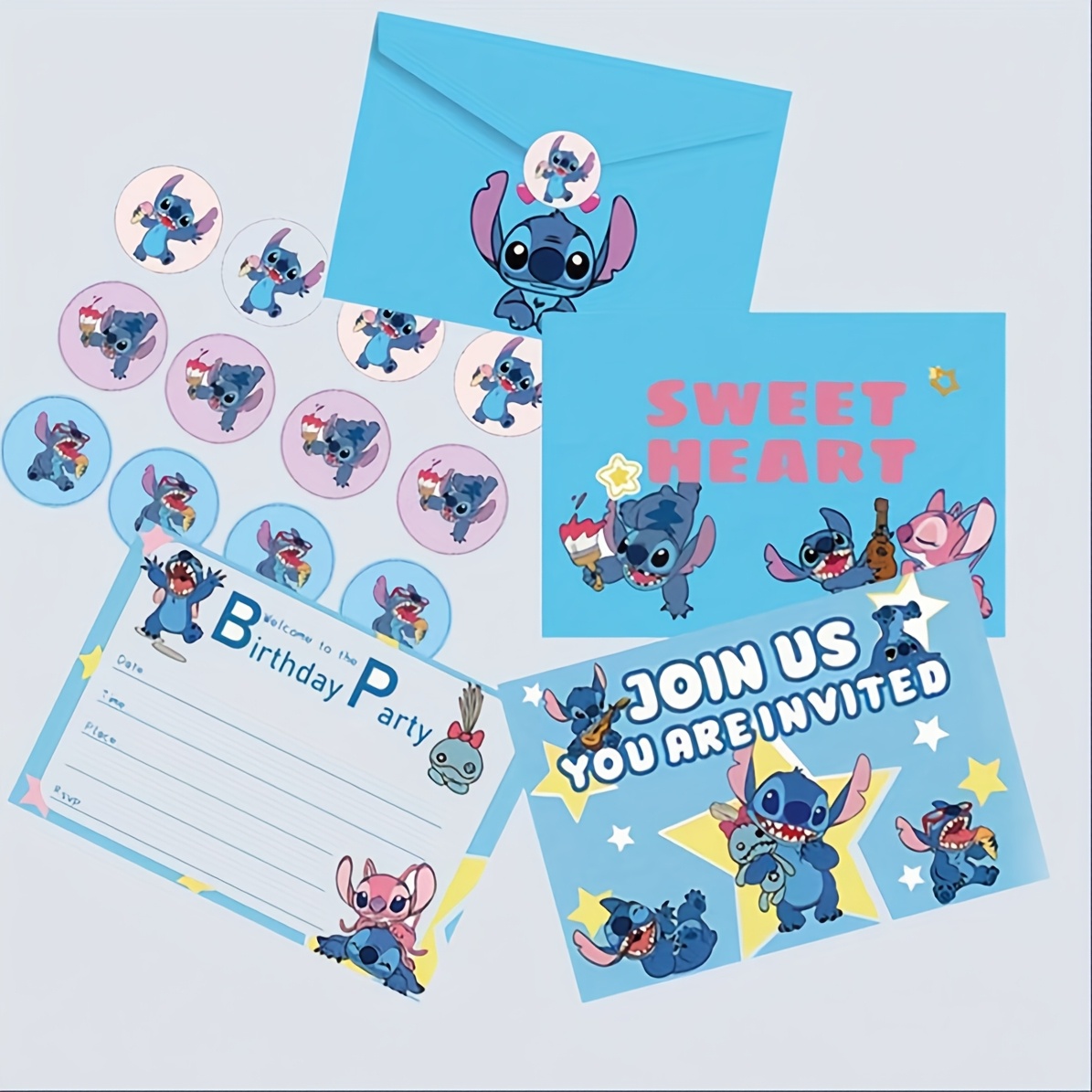12套官方授权的Stitch Angel可爱主题生日派对邀请卡信封邀请明信片带贴纸卡通动漫主题派对生日舞会周年纪念圣诞毕业生派对聚会必备用品
