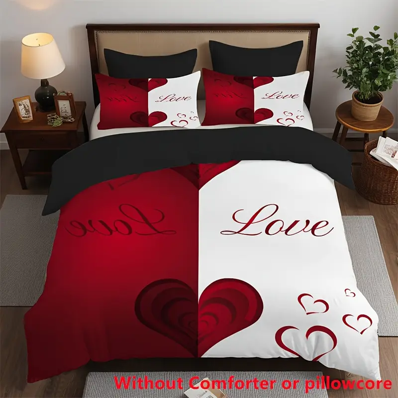 2 3pcs red and white heart print duvet cover set 1 duvet cover 1 2 pillowcase without core couple valentines day romantic heart soft comfortable duvet cover for bedroom home decoration Product details 1