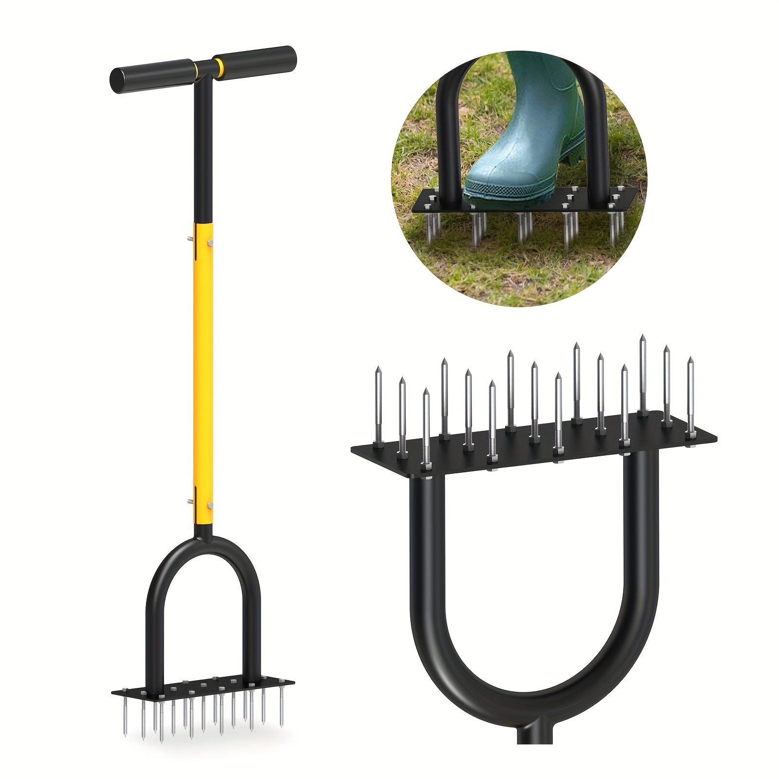 

1pc, Heavy Duty Manual Lawn Aerator Tool With 16 Spikes, 11.2 X 9.5 Inches, Powder Coated Metal With Cushioned T-handle, Foot Plate For Easy Soil Penetration Outdoor Yard Aerating Equipment