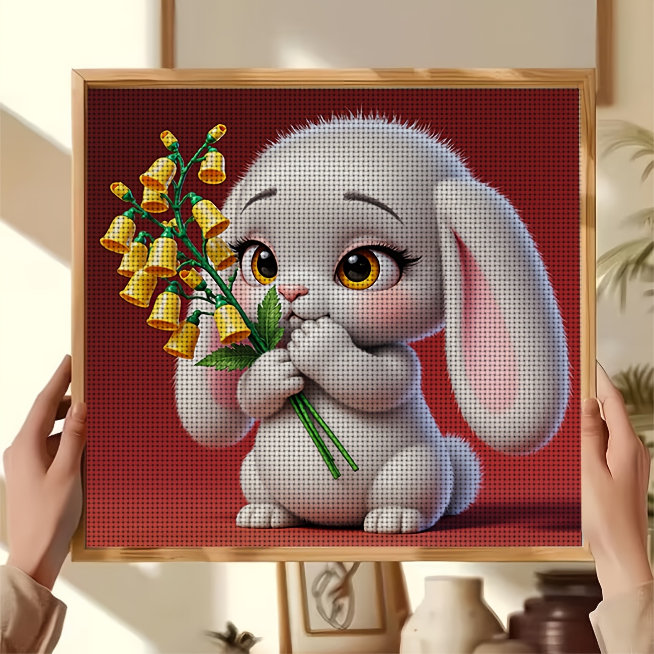 Cross-Stitch Printed Kit, White Rabbit Holding Yellow Flowers Design