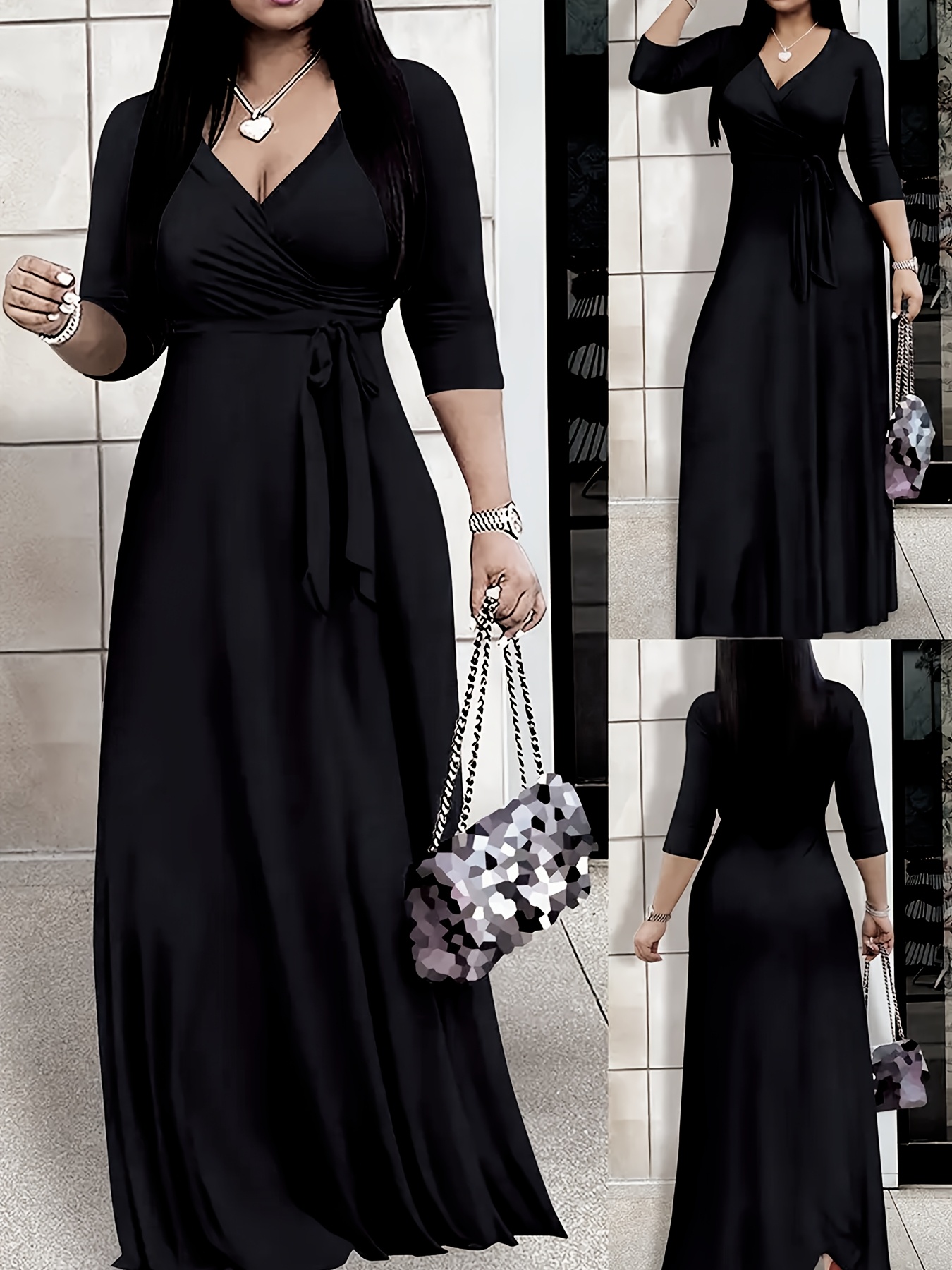 womens stylish solid color v neck a line midi dress long Temu