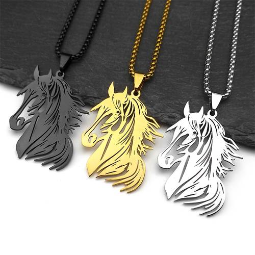hollow horse head pendant necklace for women men stainless steel golden accessories necklaces gift jewelry collar