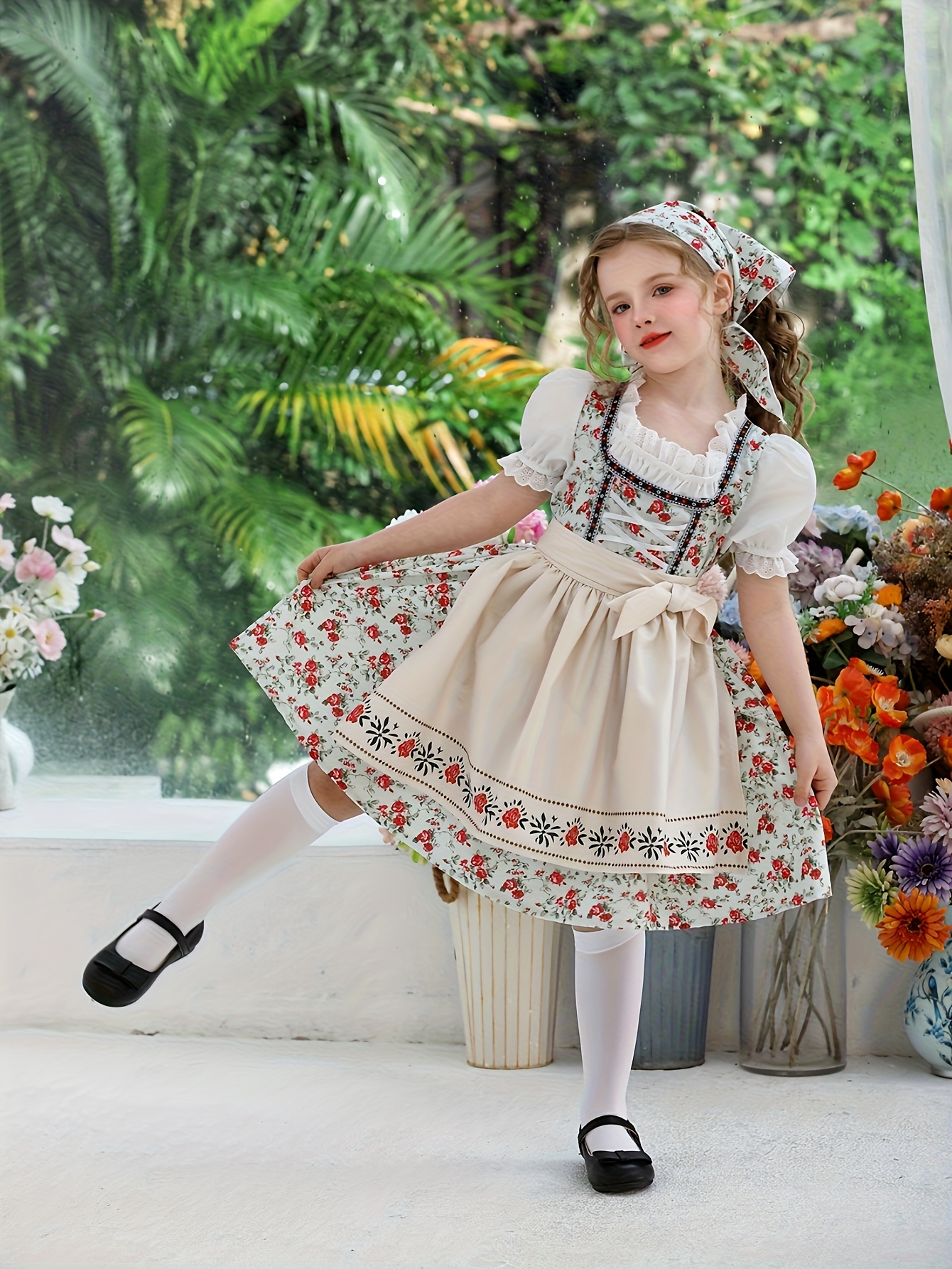 victorian dress cute 3pcs village medieval outfit bonnet The soft Ekouaer house Color:DarkMauve (RosyBrown) simple victorian dresses belt tie waist Cute Daisy Crochet Girl
