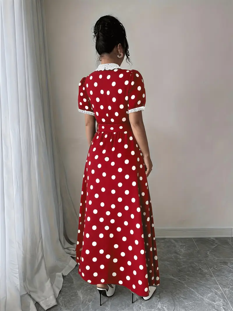 elegant lace trimmed polka dot color block long dress waist - Temu Georgia elegant lace trimmed polka dot color block long dress waist - Temu Georgia
