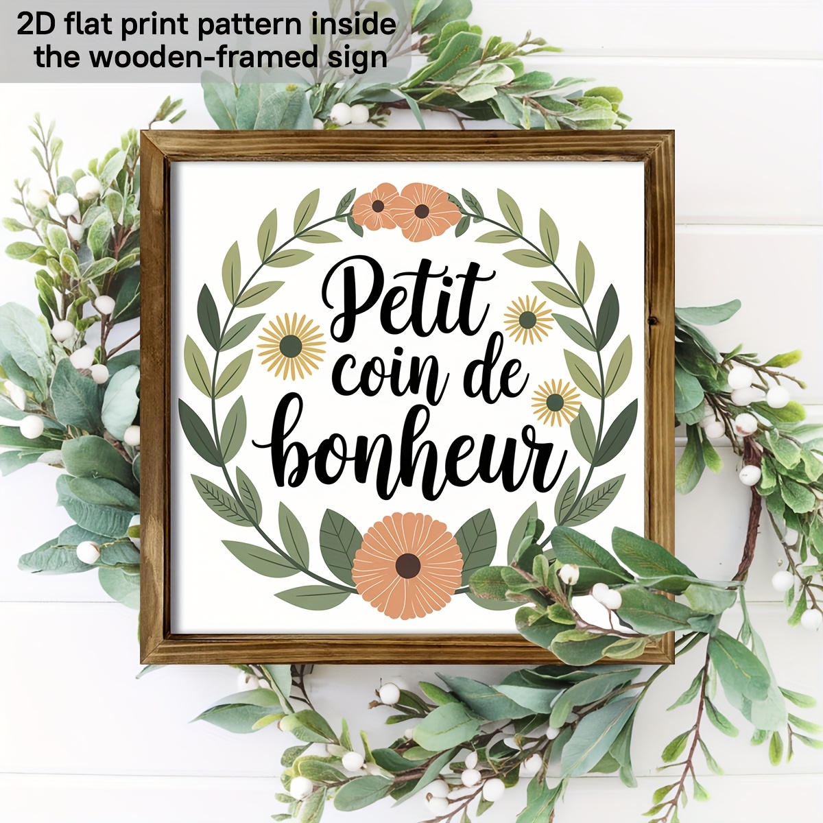 TEMU 2D Plat, 1 pièce 1pcs Cadre en Bois Rustique Français "Petit Coin de " (Petit Coin de) - Décoration Murale Couronne Florale Adaptée pour Salon,