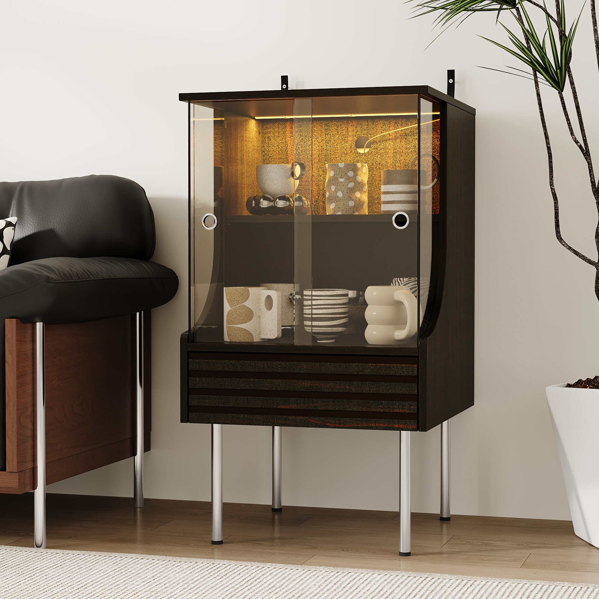 Contemporary Glass Storage Unit Featuring a Wavy Drawer And Two Shelves, Ideal As a Side Table for The Living Room with a Tempered Gold-Brown Glass Sliding Door, Suitable for Use As a Bedside Table in The Bedroom