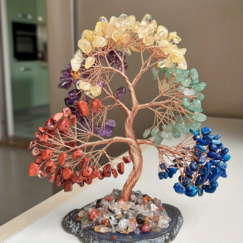 TEMU 0.66lb/natural Colored Crystal Tree Agate Base Handmade Weaving Small Ornament Office Desktop Tree Halloween Decor