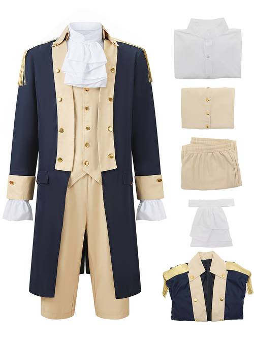a 6pcs high quality mens colonial period costume an 18th century historical role play outfit that a coat shirt vest cravat trousers and socks as a founding father colonial attire suitable for adult halloween