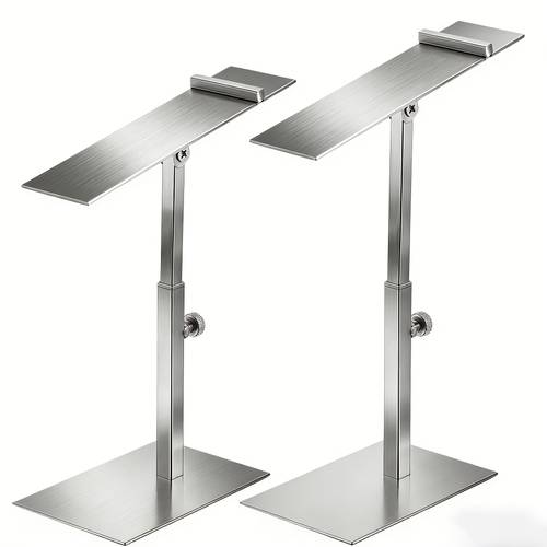 two adjustable height shoe racks silvery stainless steel display stands for shoe stores rust resistant and sturdy suitable for homes boutiques retail stores exhibitions and more
