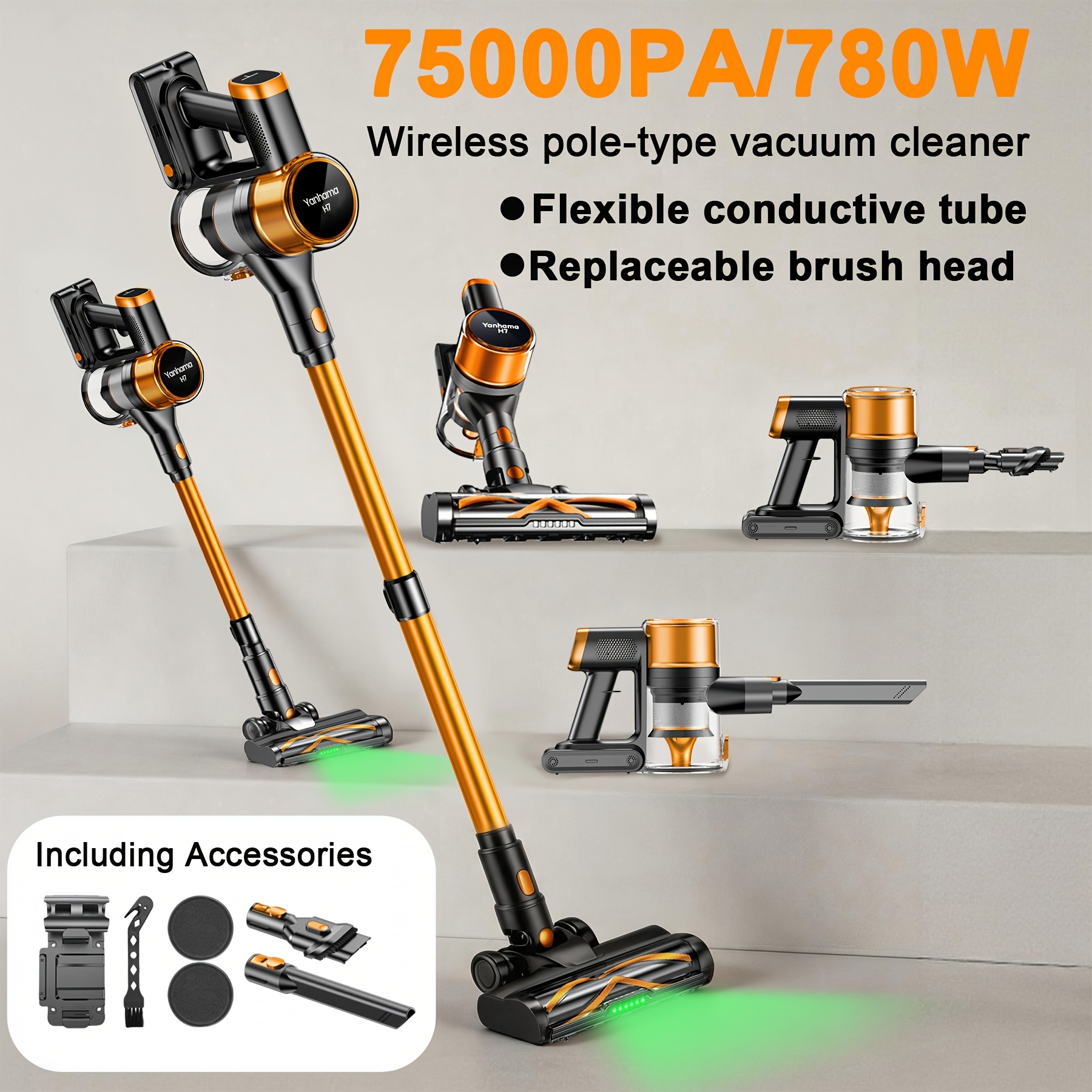Image of 75000pa 780w Cordless Vacuum Cleaner, With Detection Light, Multiple Replaceable Brush Heads, Suitable For Hardwood Floors, Carpets, Pet Hair Cleaning, Full Set Of Household Cleaning Additions