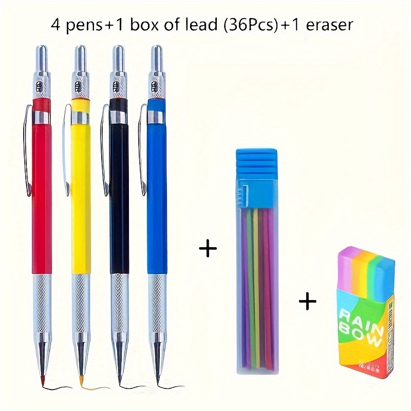 TEMU 2.0mm Mechanical Colour Pencil Set 4 Pencil 12 Colors Refill Leads Replaceble Nib With Rainbow Eraser Sketching Painting Writing Supply